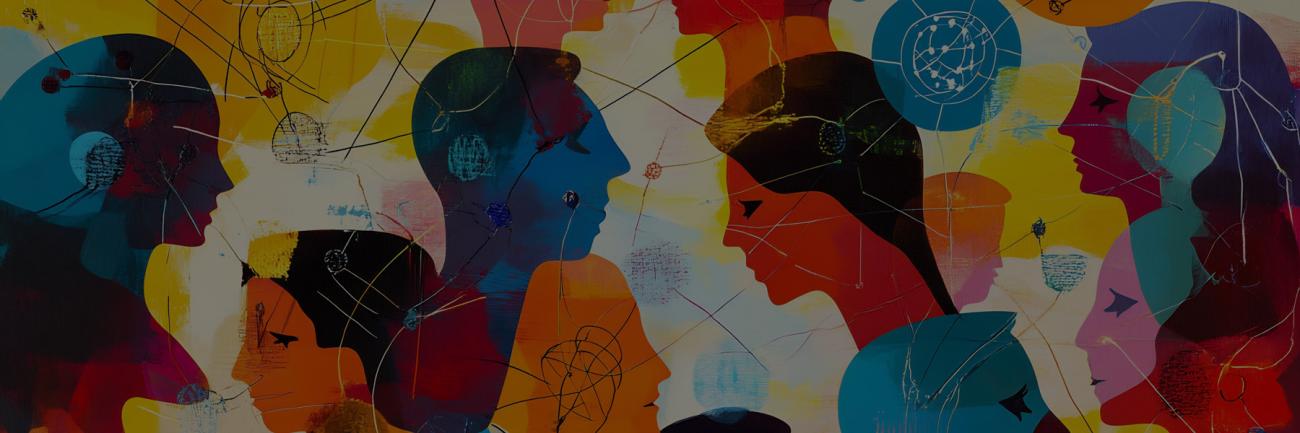 An illustration of a crowd of people and thoughts interacting