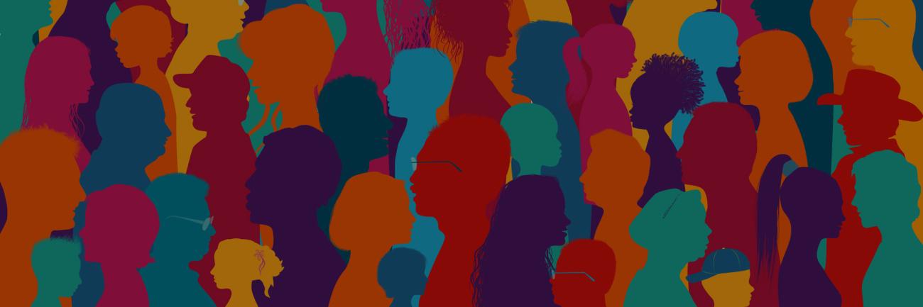 A crowd of people in primary colors