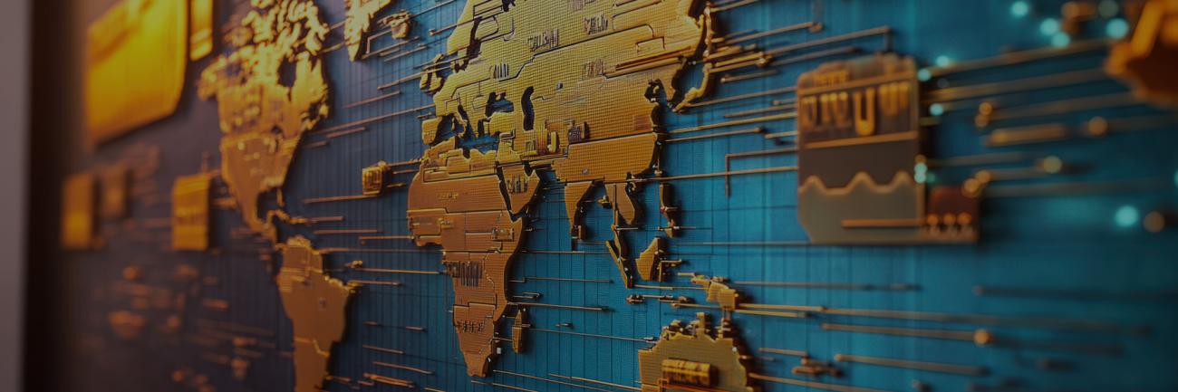 Golden World Map on a Futuristic Blue Circuit Board