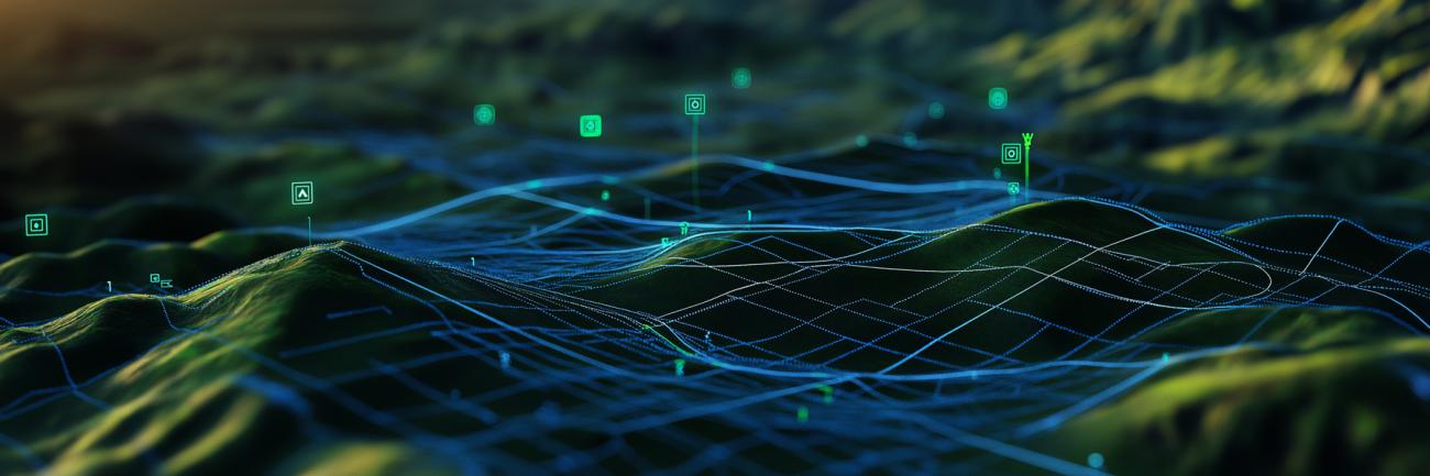 A digital 3D terrain map with layered GIS geodata, emphasizing elevation and topographic details for advanced analysis