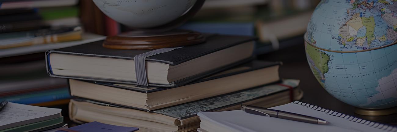 A desk full of books and globes