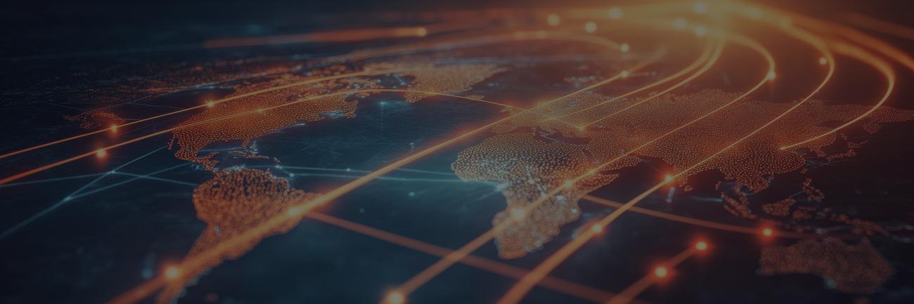 A high-tech flat world map with communication lines atop