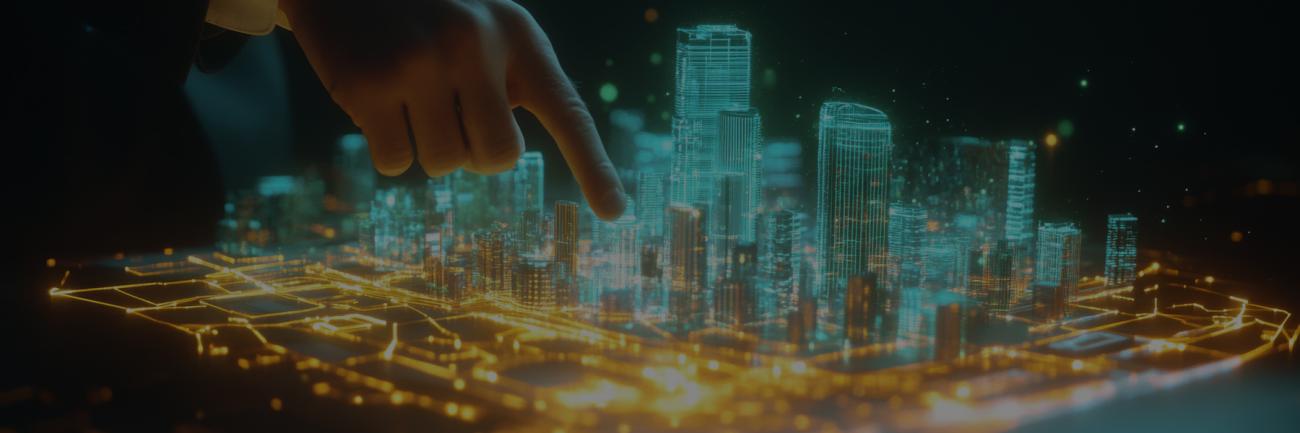  illustration of a city growing atop a circuit board