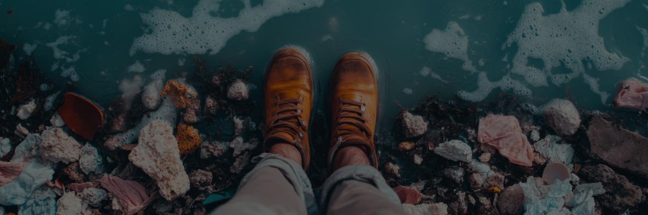 A person standing where land, water and pollution coalesce.