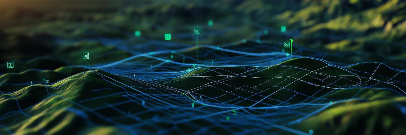 A digital 3D terrain map with layered GIS geodata, emphasizing elevation and topographic details for advanced analysis