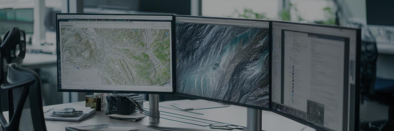 Cartographer analyzing maps and satellite images on multiple monitors