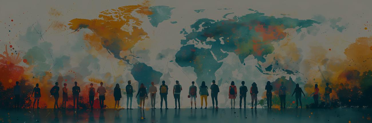 People standing in front of a global map