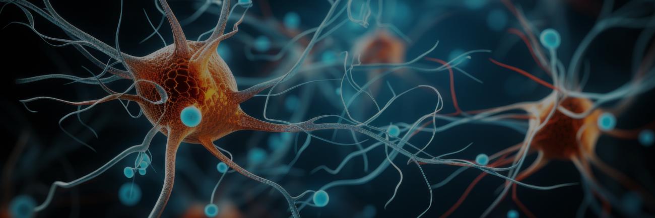 Microscopic examination of blue neuron in laboratory