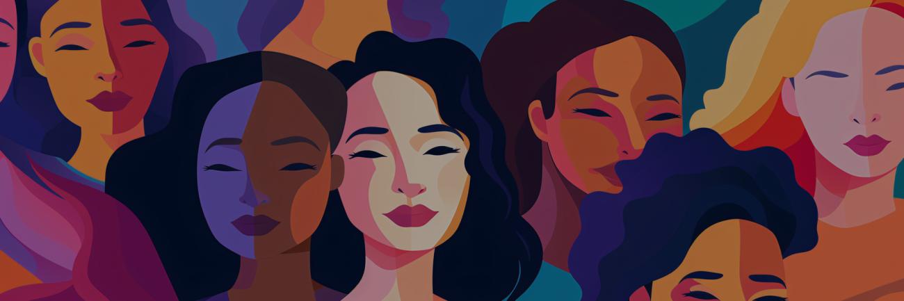 A colorful collage of female faces