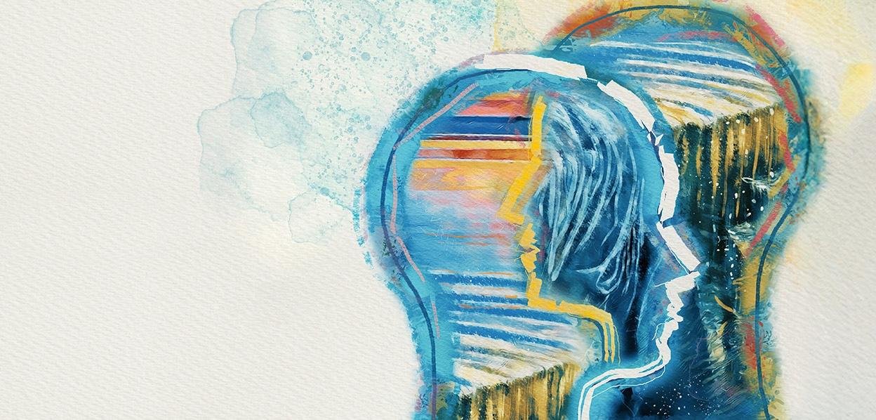 abstract watercolor of two outlines of heads with thought bubble splashes around them