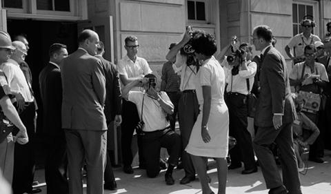Black and white photo from civil rights protest in mid-20th century