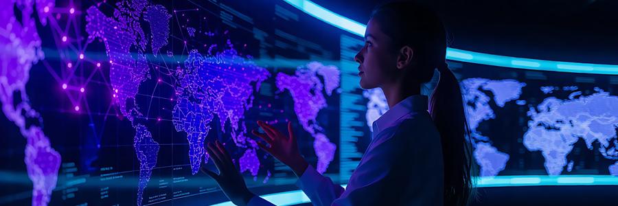 Illustration of a young woman in front of a wraparound global map