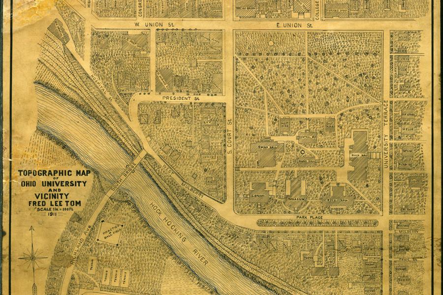 Map of Ohio University from 1911, sepia-toned