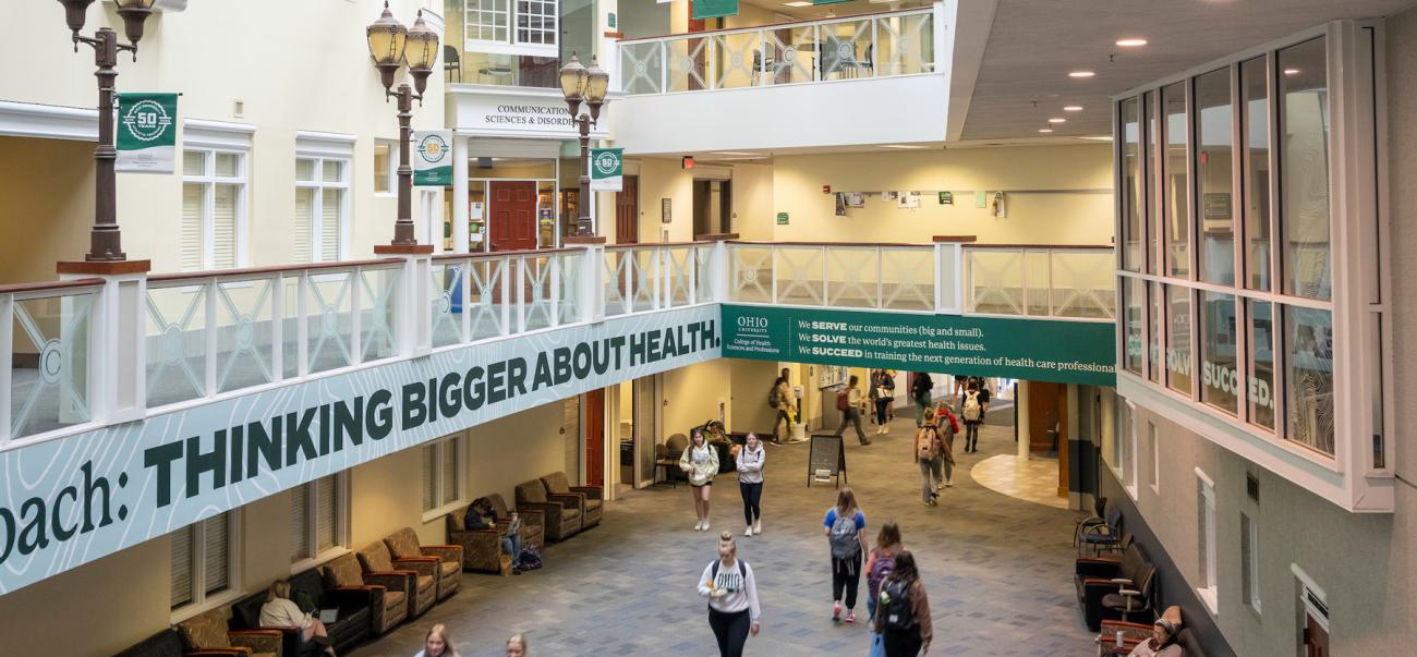 Grover Atrium, with banner reading "Thinking Bigger About Health