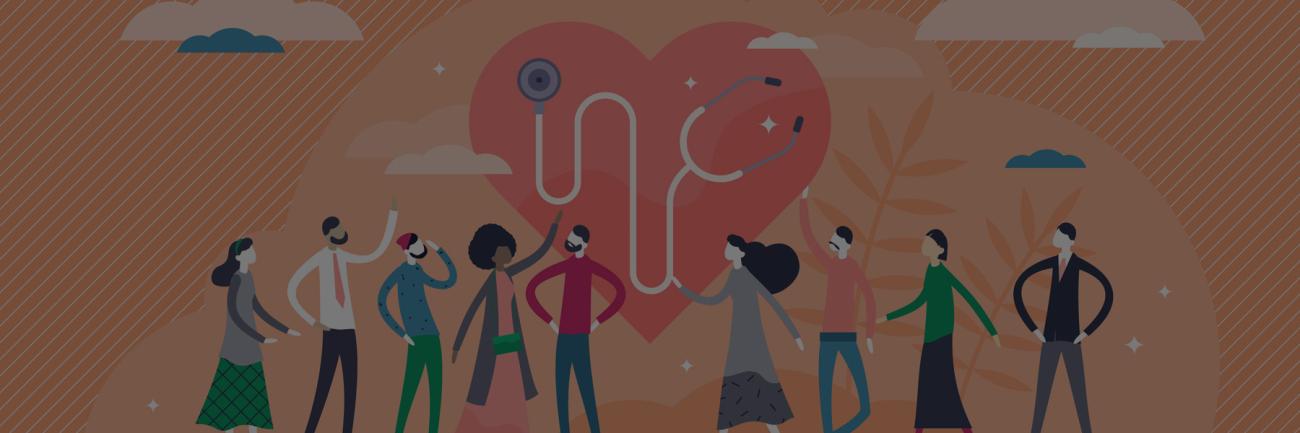 Illustration of heart, stethoscope and drawings of community members