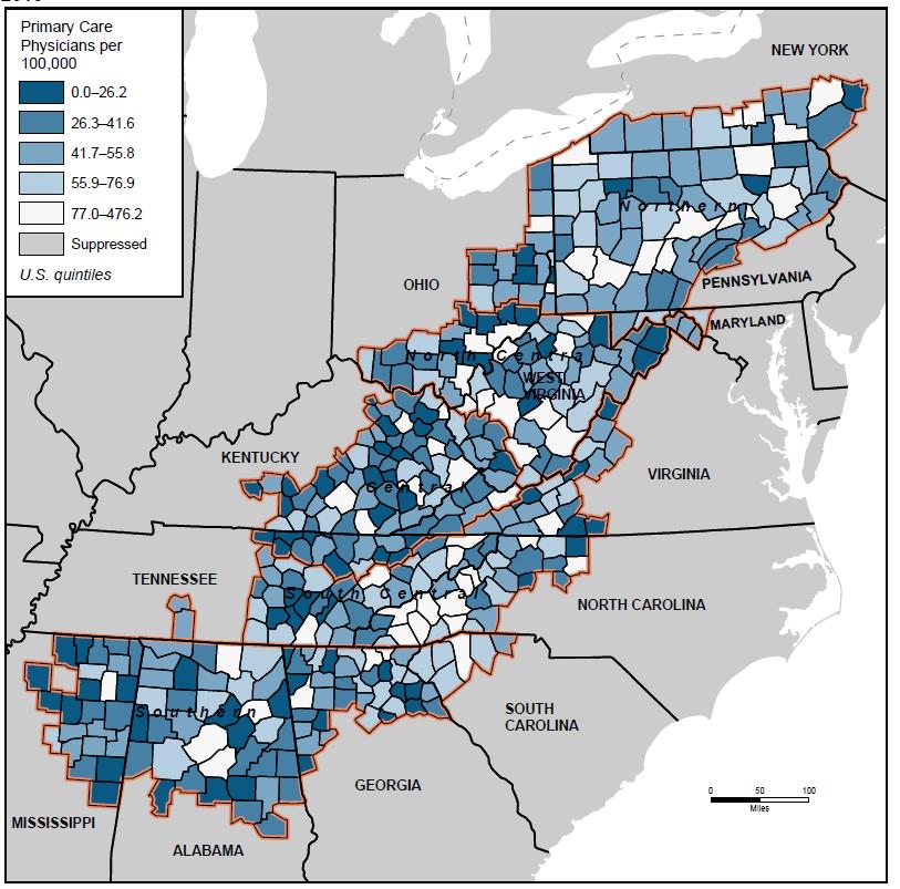 Figure 113: Map of Primary Care Physicians per 100,000 Population in the Appalachian Region