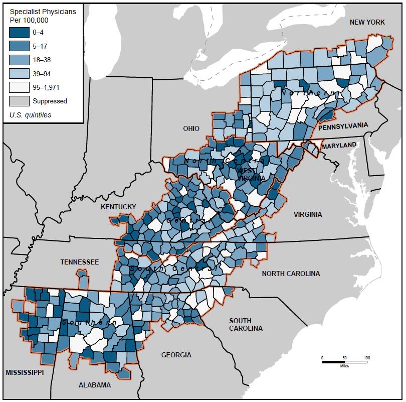 Figure 121 Map of Speciality Physicians per 100,000 Population in the Applachian Region, 2013 