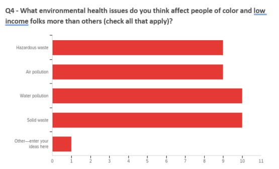 Individuals answered: Hazardous waste 23.08%, Air Pollution 23.08%, Water Pollution 25.64%, Solid Waste 25.64%