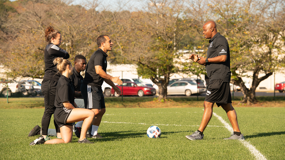 A soccer coaching session on Ohio University's campus