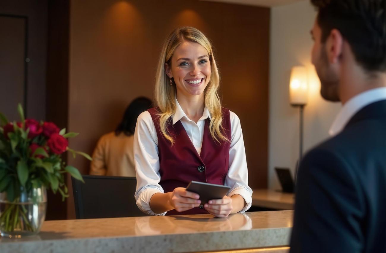Women at a hotel front desk helping a man check in.
