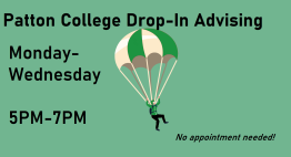 Photo of person parachuting with Drop-In Advising hours noted (Monday-Wednesday 5P-7P)