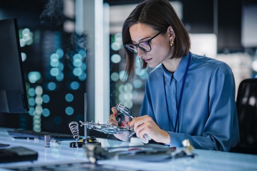 Female engineer with glasses inspecting a part of a machine with magnifying glass.