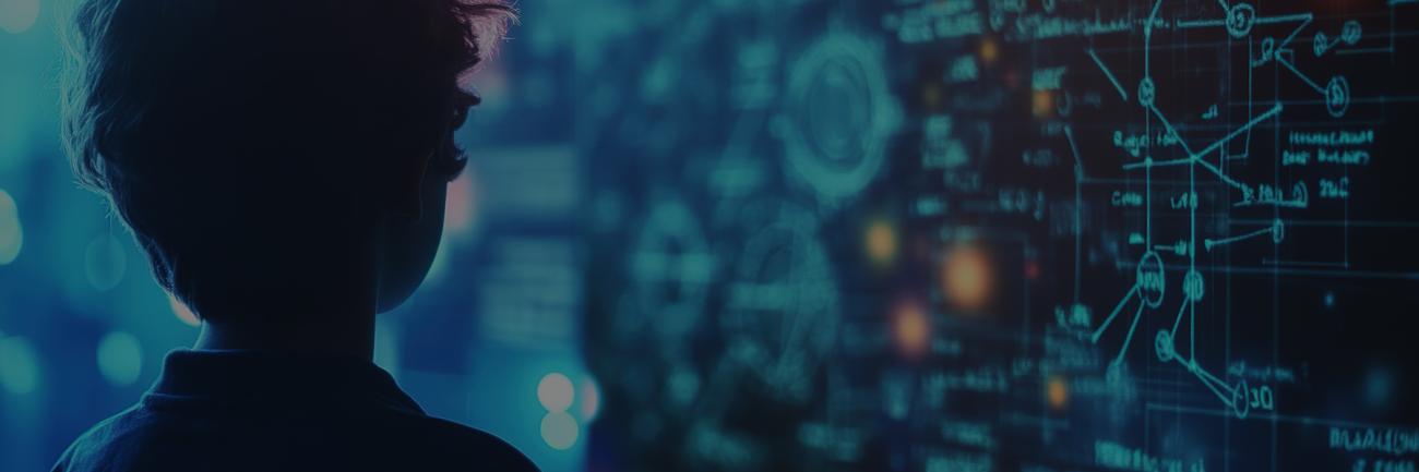 Illustration of a child in front of a screen with scientific illustrations and diagrams 