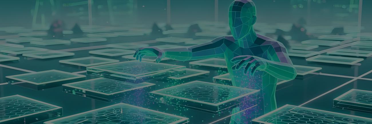 Illustration digitally walking through a room of desks