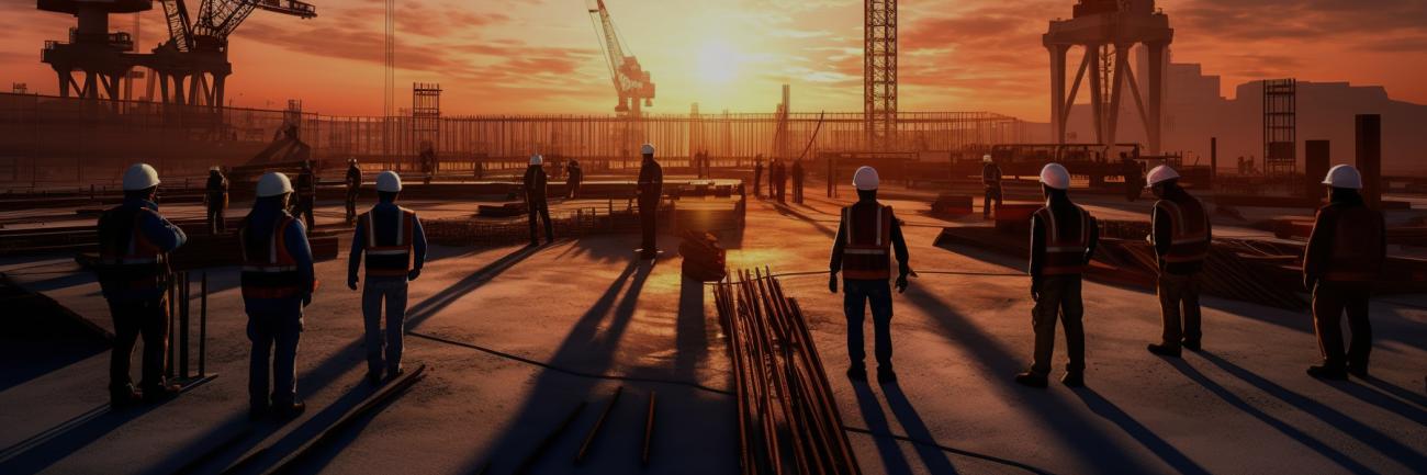 Illustration of construction managers on a site with a setting sun