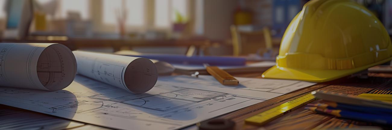 Illustration of hard hat and building drawings