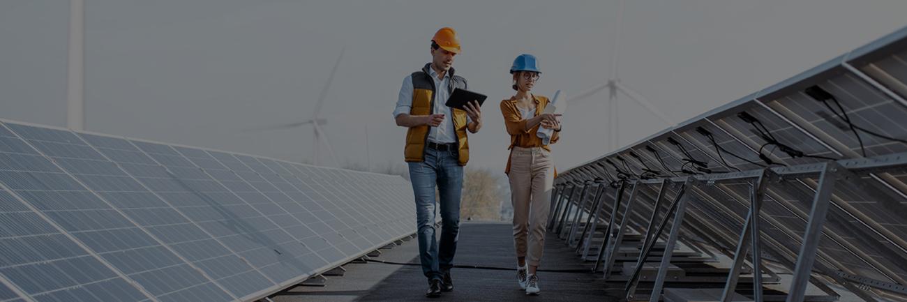 Two engineers walk along a path between solar panels.