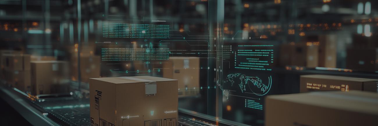 illustration of boxes in the supply chain overlaid with information systems