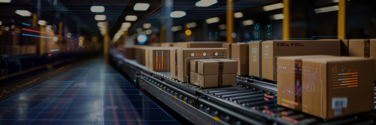 Illustration of boxes on an assembly line to infinity 