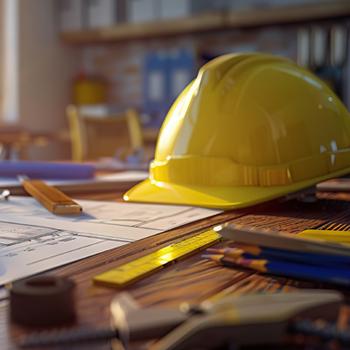 Illustration with a hard hat and engineering drawings