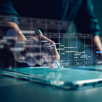 illustration of data overlaid top hands and a computer