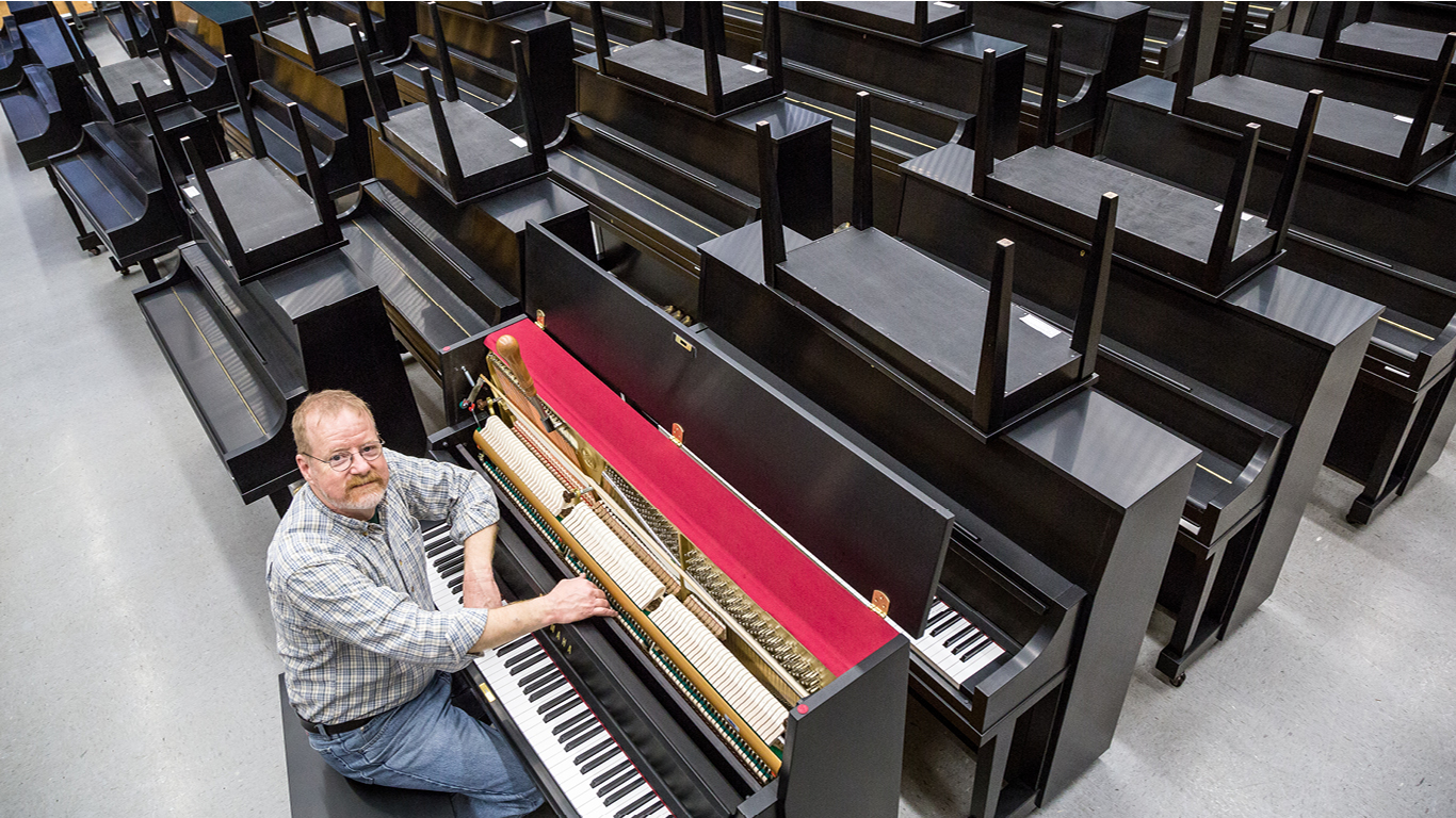 Christopher Purdy enjoys the School’s new fleet of pianos.