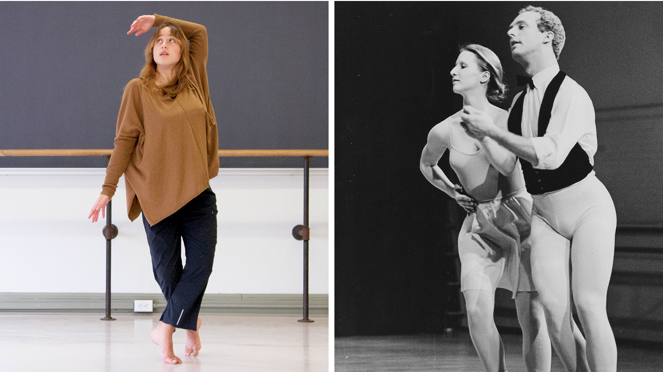 Left: Elyse Kassa, Dance major and 2018-19 Shirley Wimmer Award winner. Right: Scott Timm and Virginia Adams dance in a piece choreographed by Douglas Nielsen at Dance Alloy, Pittsburgh.