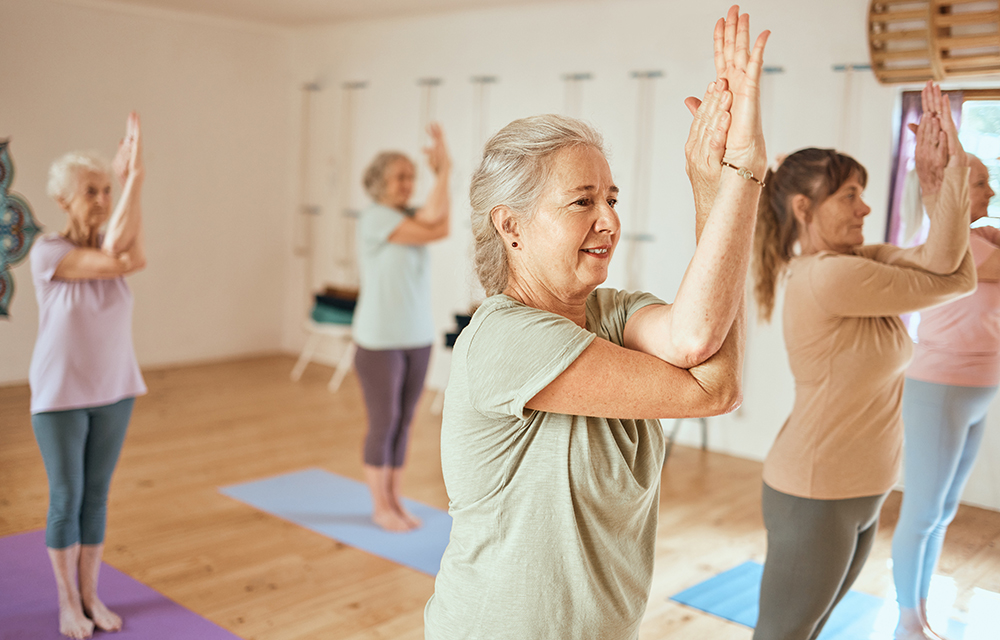 group of elderly people in a yoga class 