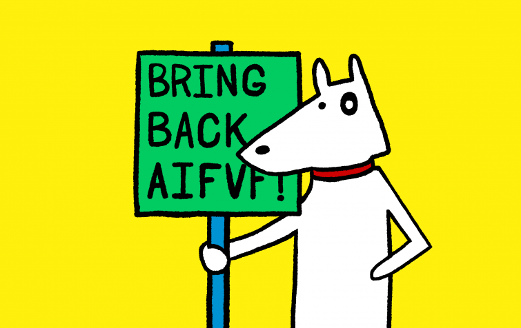 Illustration of a dog holding a sign