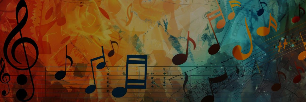 A colorful swirl of music staff and notes