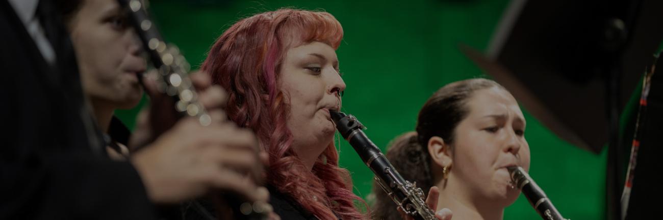 Ohio University students play clarinets in a Concert Band performance.
