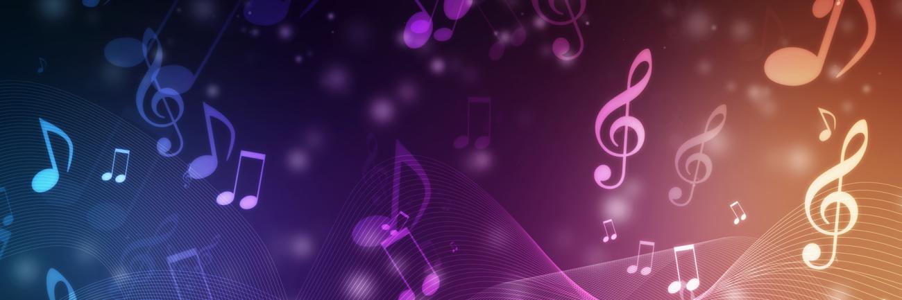 Illustration of music clefs and notes on a colorful background 