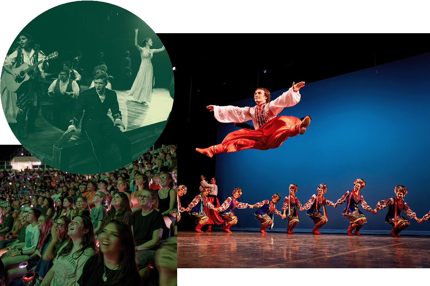 Three photos of theater or dance performances within the College of Fine Arts