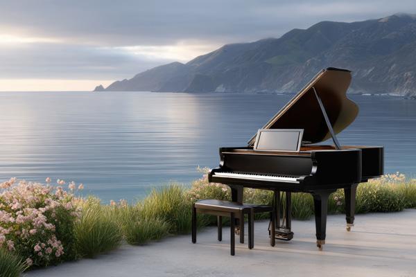Illustration of a grand piano next to a lake and mountains