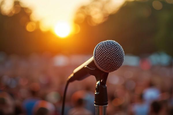 Illustration with a microphone in focus and a large crowd and setting sun in the background