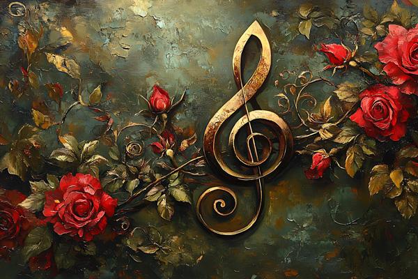 Illustration of a music clef and red roses