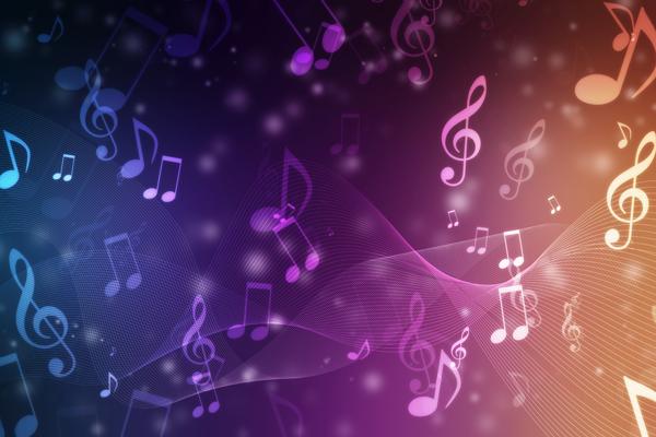 Illustration with music clefs and notes floating on a sea of color