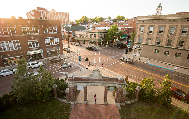 An aerial view of Ohio University's campus gateway