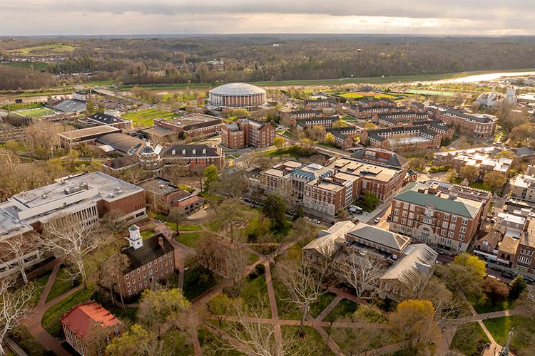 view of the OHIO campus from a drone flying above