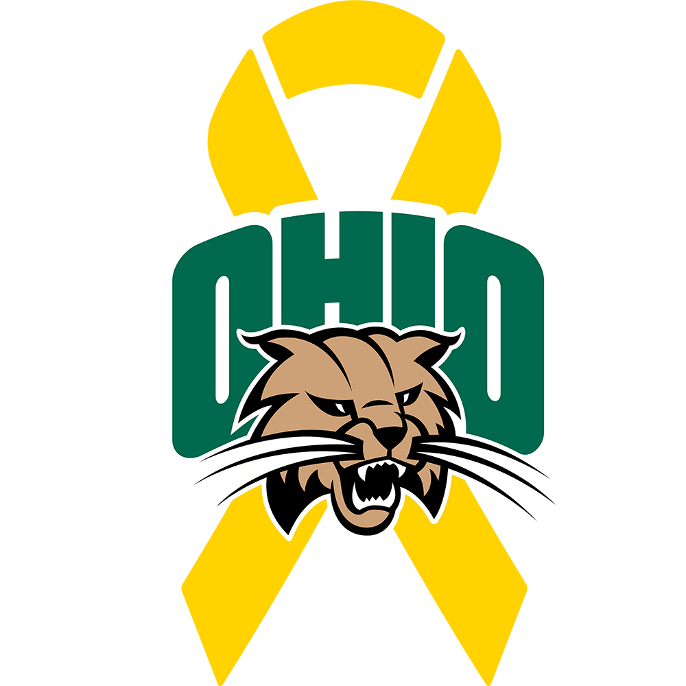 Ohio Univeristy Bobcat logo in front of a yellow ribbon